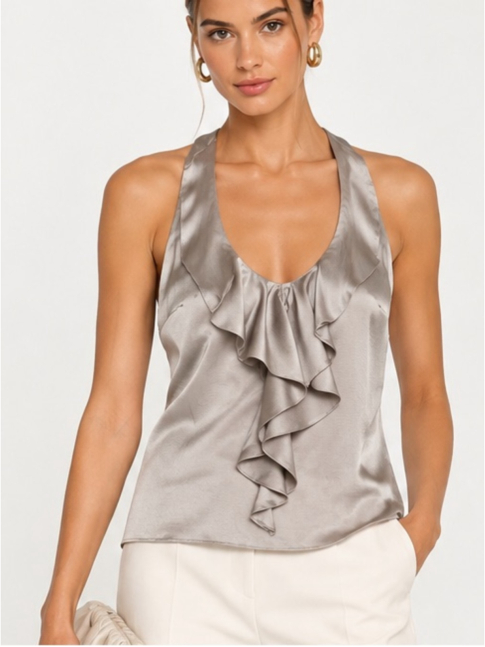 Reiss 100% Silk Ruffle Halter Blouse Silver Taupe Sleeveless Top